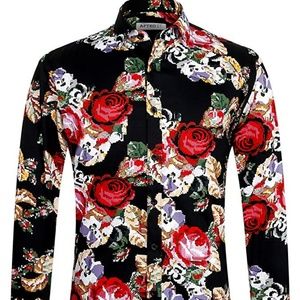 Men Black Floral Long Sleeved Shirt Shirt XL